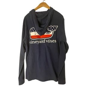Vineyard Vines Mens Long Sleeve Hoodie T-Shirt Deep Bay Blue Flag Whale Medium